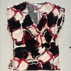 Nine West Black and Red Floral Wrap Blouse